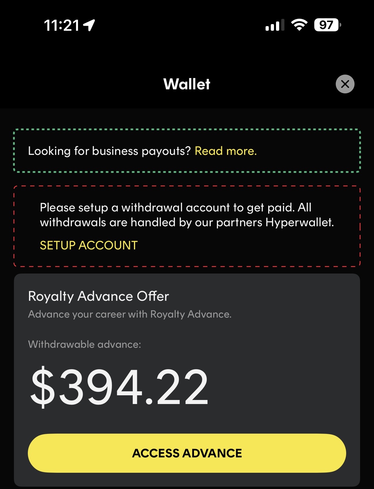 Music distribution wallet showing $394.22 in backend Music Pool revenue